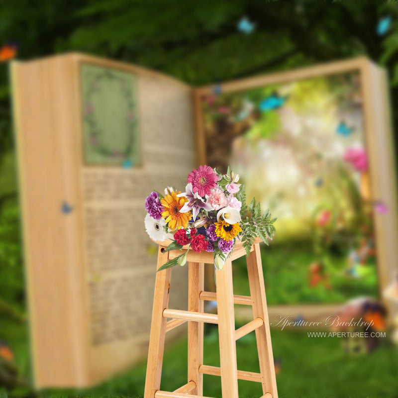 Book Forest Butterfly Mushroom House Spring Backdrop