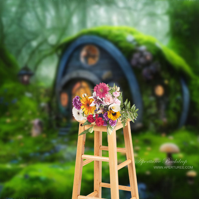 Green Forest House Mushroom Spring Photography Backdrop