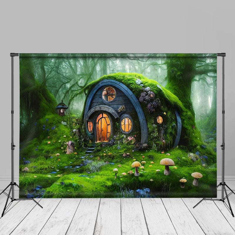 Green Forest House Mushroom Spring Photography Backdrop