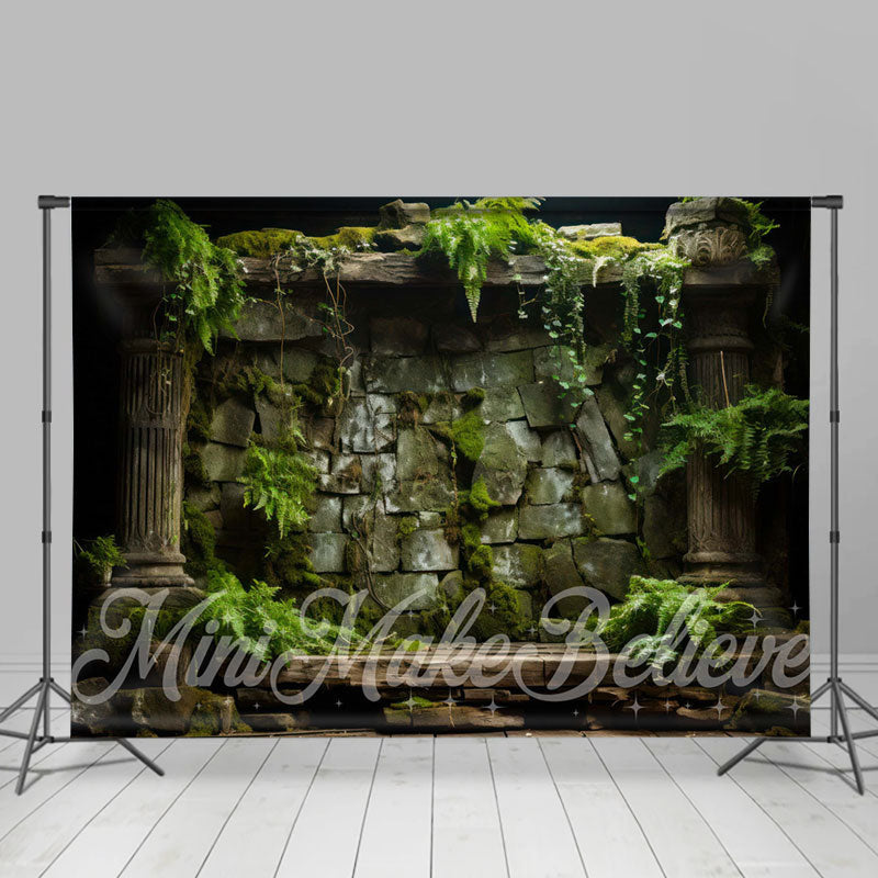 Natural Green Moss Leaves Stone Wall Spring Backdrop