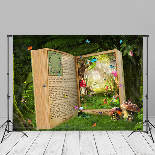 Book Forest Butterfly Mushroom House Spring Backdrop