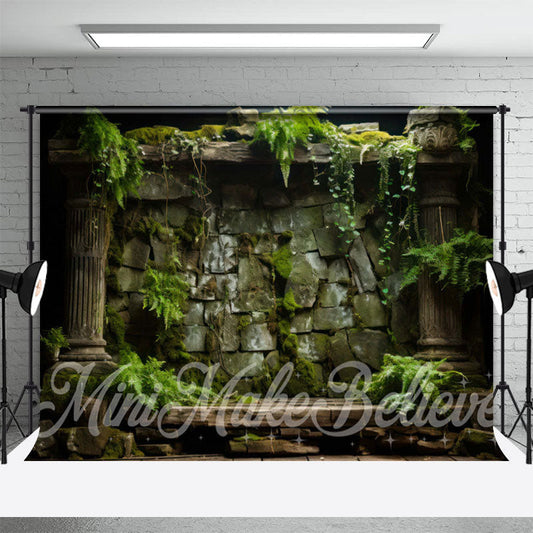 Natural Green Moss Leaves Stone Wall Spring Backdrop